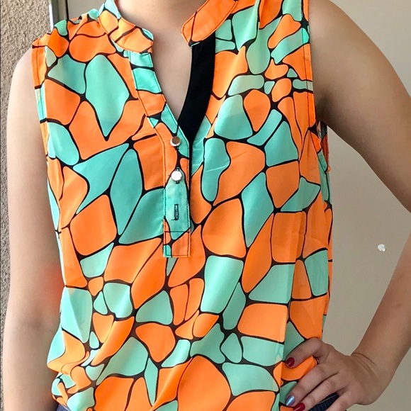Summer Multi-Color Pattern Loose Teal & Orange Top - Picture 5 of 7